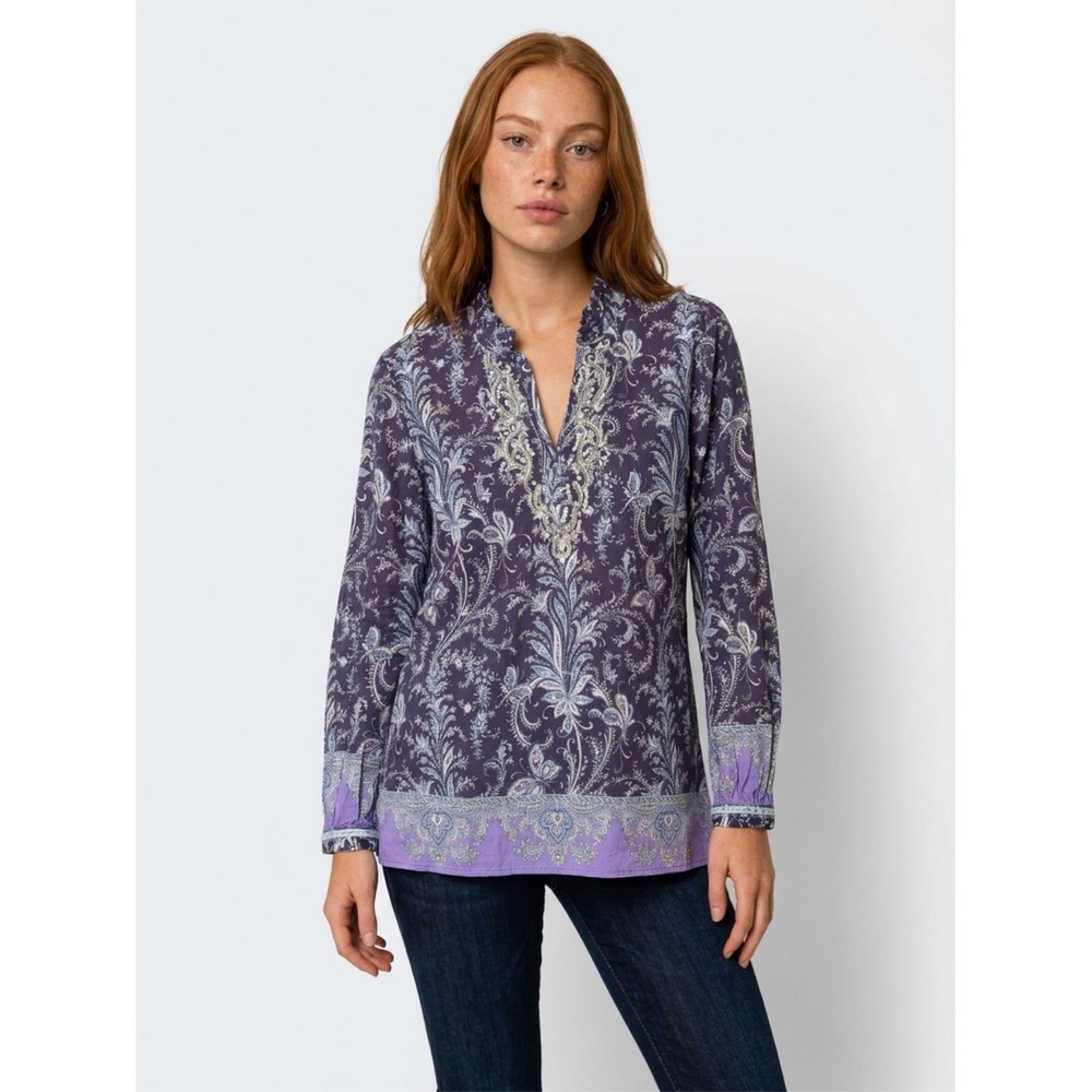 Robert Graham Boho Luxury Tunic Small Butterfly Paisley Beaded Sequin Ruffle Top
